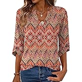 Kistore Womens 3/4 Length Sleeve Tunic Tops Casual V Neck Shirts Business Work Blouses Trendy Flowy Tees