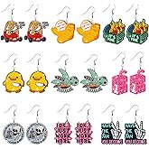 Jollaroo Funny Cute Glitter Earrings - 9 Pairs Colorful Duck Silly Goose Sea Turtle Dumpster Fire Glitter Acrylic Drop Dangle Juice Trendy Earring Jewelry Accessories Gift for Women Halloween Birthday