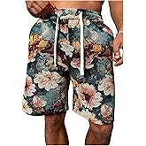 BEAUDRM Men's Floral Embroidery Drawstring Waist Shorts Summer Vacation Shorts with Pockets