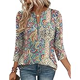 LOMON 3/4 Length Sleeve Womens Tops Business Casual Zip Front V Neck Shirt Loose Fit Work Tunic Blouse