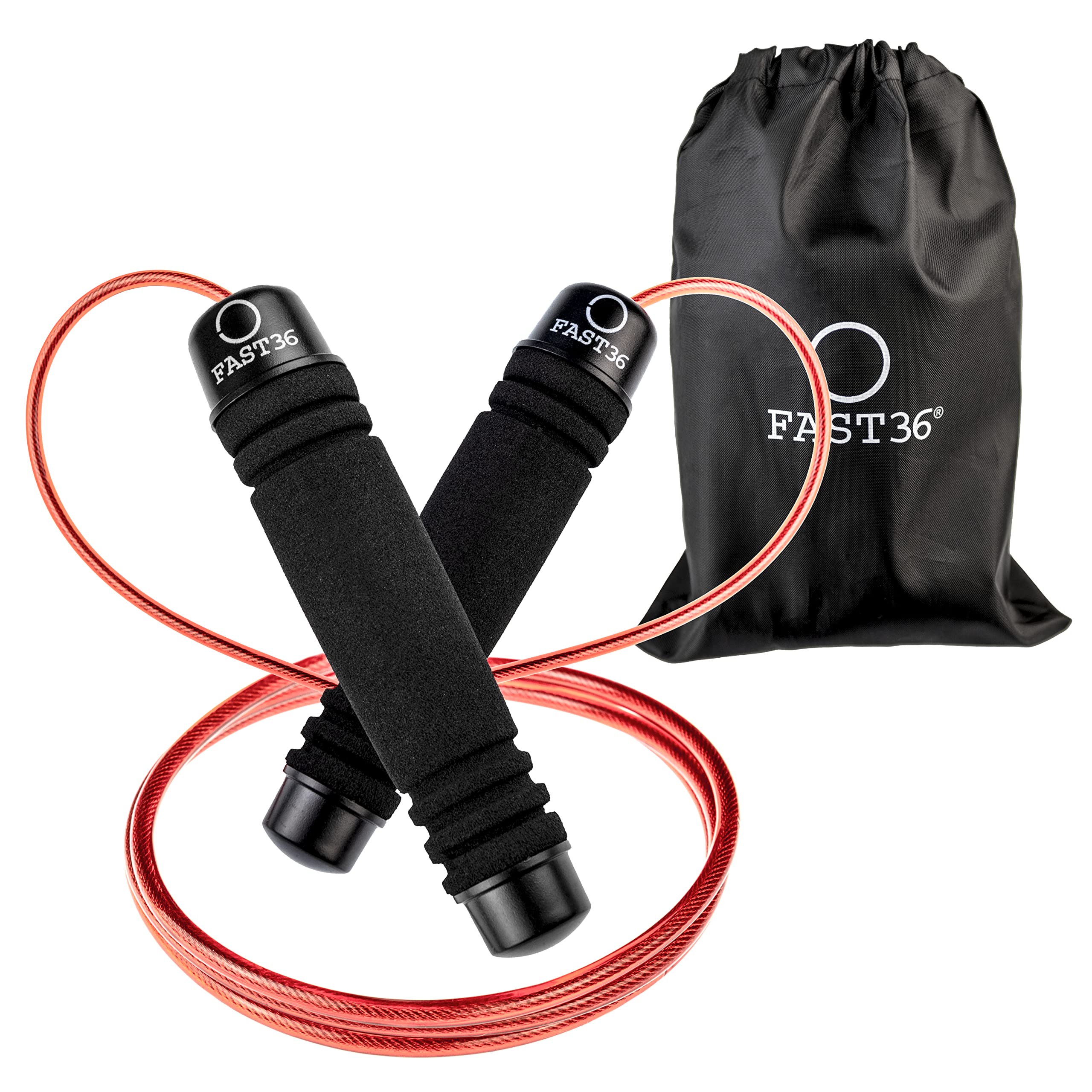 FAST36 - Skipping Rope | Adjustable Handles | 360° Ball Bearings | Non-Slip Memory Foam Grip | Suitable for Crossfit & Martial Arts | Portable with Bag, Red, Alloy Steel