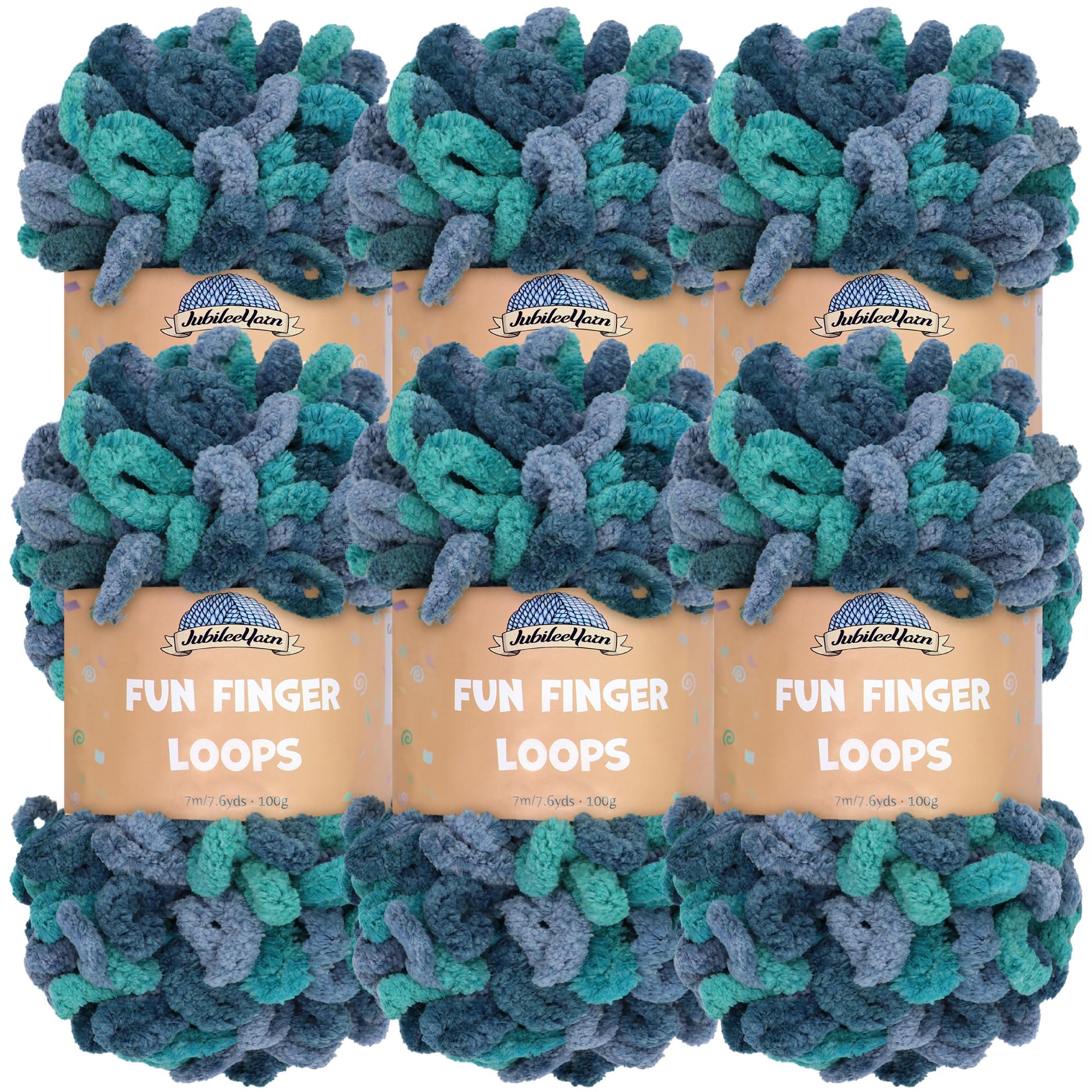 JubileeYarn Fun Finger Loops Yarn - Polyester Jumbo Weight Loop Yarn - 100g/Skein - Poseidon - 6 Skeins