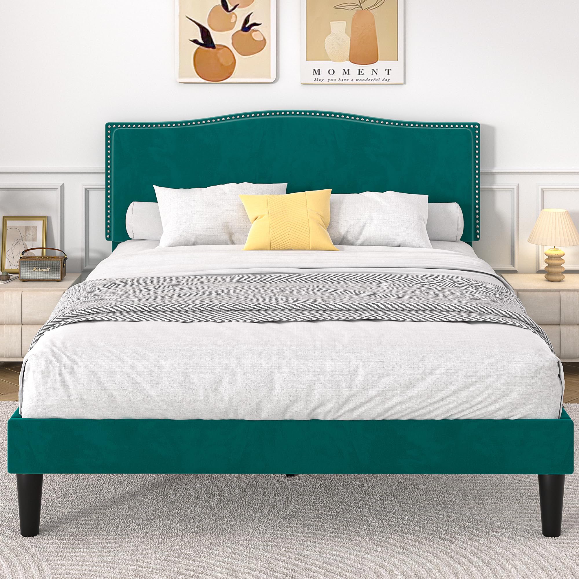 Photo 1 of VECELO Full Bed Frame, Platform Bed Frame with Adjustable Height Upholstered Headboard, Heavy-Duty Frame and Strong Wooden Slats Support, Non-Slip and Noise-Free, Easy Assembly, Dark Green