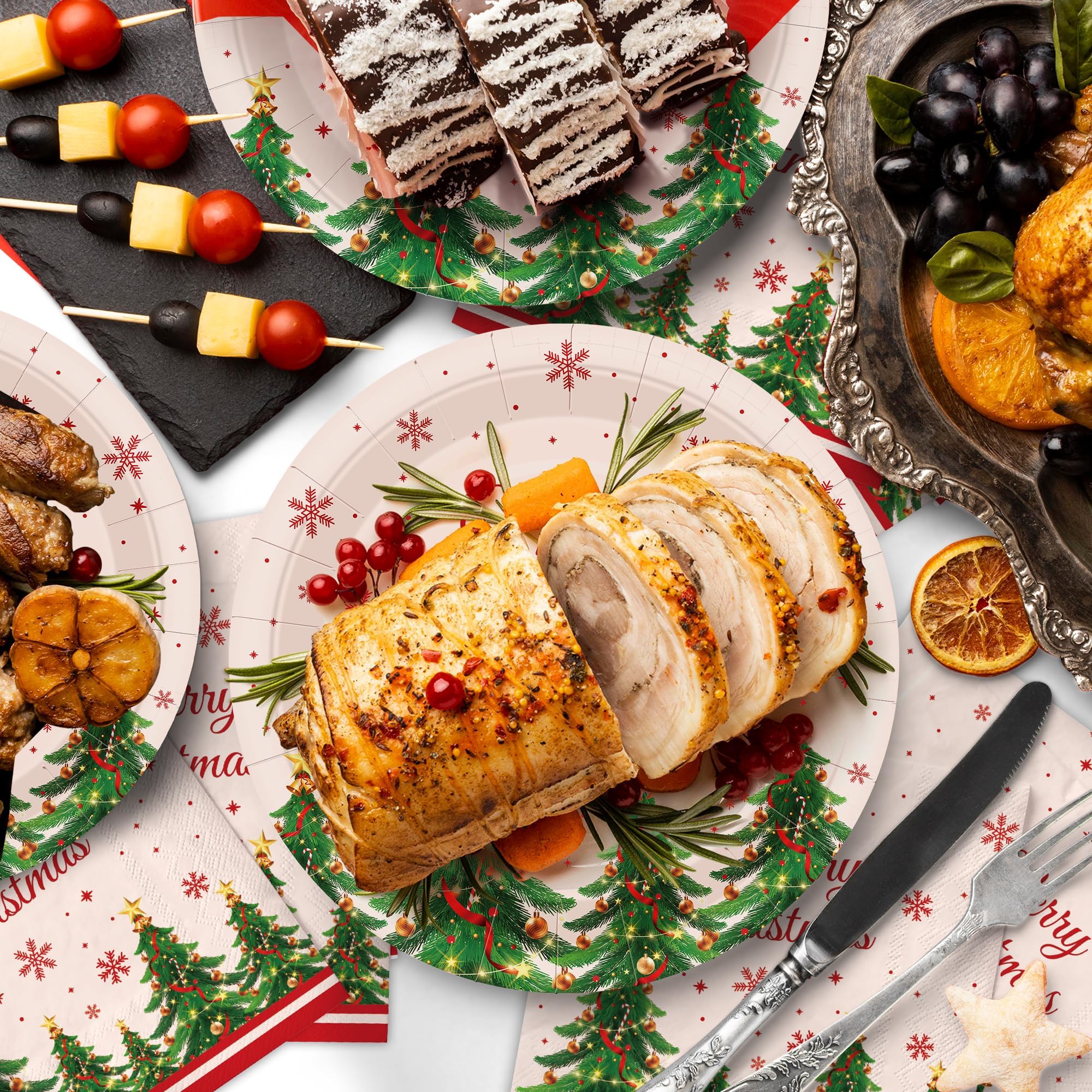 Childom Christmas Party Supplies,102 Pcs Xmas Tree Themed Party Set,Christmas Decoration Dinnerware Set,Disposable Tablecloths Plates Cups Napkins Xmas Tableware For Home,Dinner,Picnic,Holiday,Parties