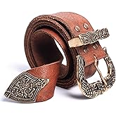 Viking Leather Belt with Norse Styled Brass Buckle & Tip | One-Size-Fits-All Traditional Fit | Ultra Premium Top Grain Brown Leather