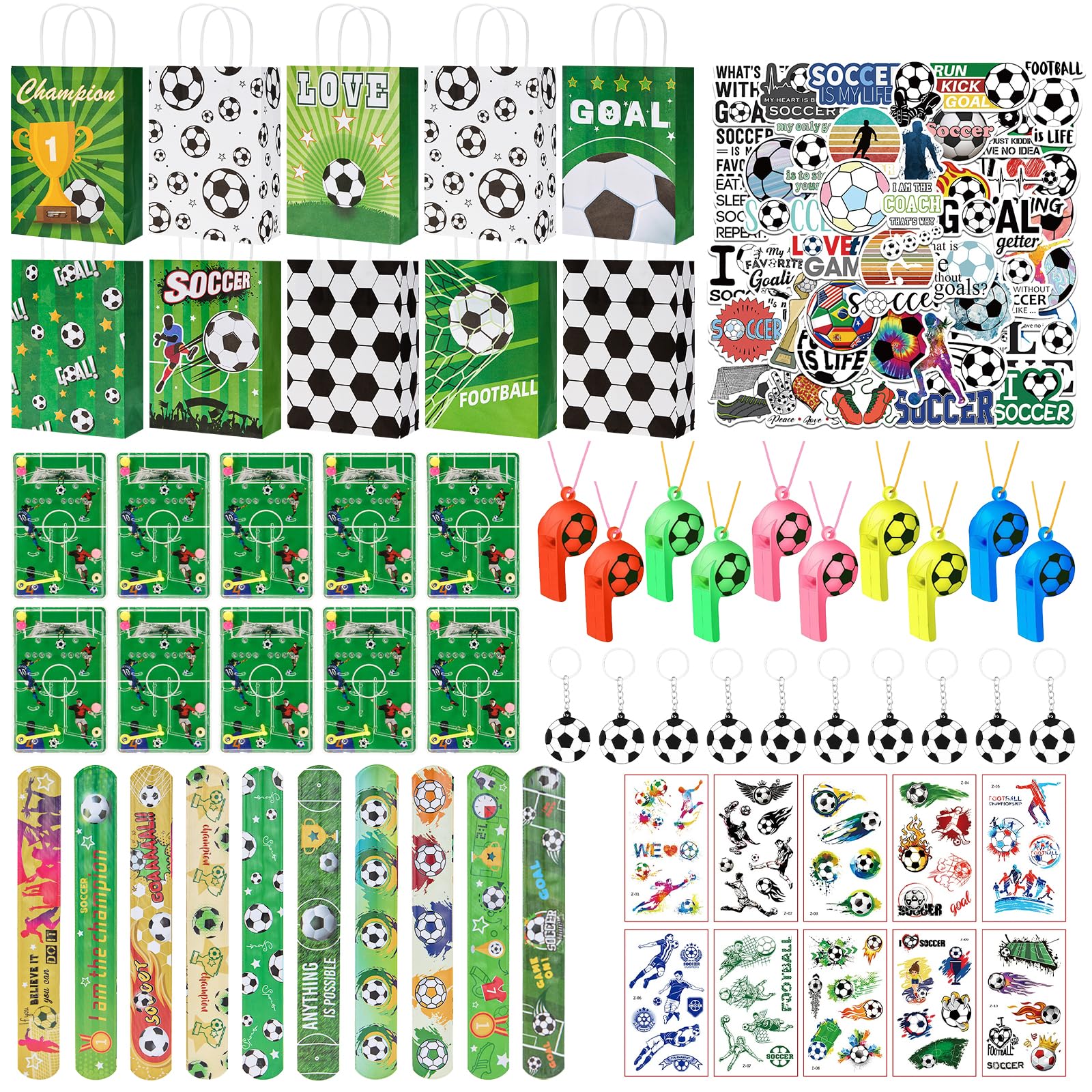 Defresit 110pcs Football Party Bags Fillers, Football Party Favors Set Football Key Chains, Wristbands, Whistles, Stickers for Birthday Gift