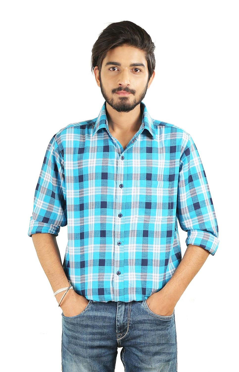 blue check shirt combination