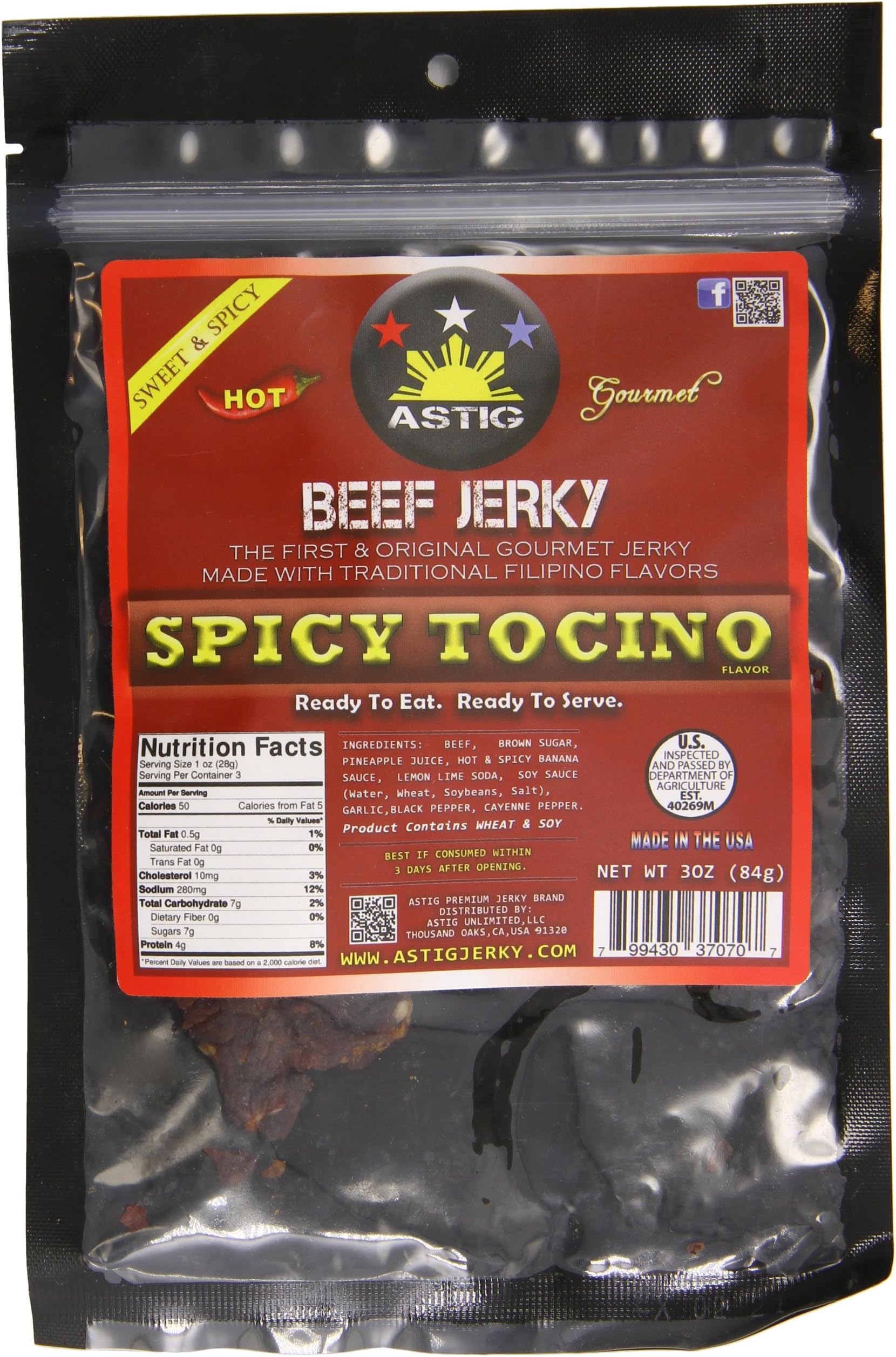 Astig Premium Jerky Spicy Tocino Beef Jerky, 3 Ounce