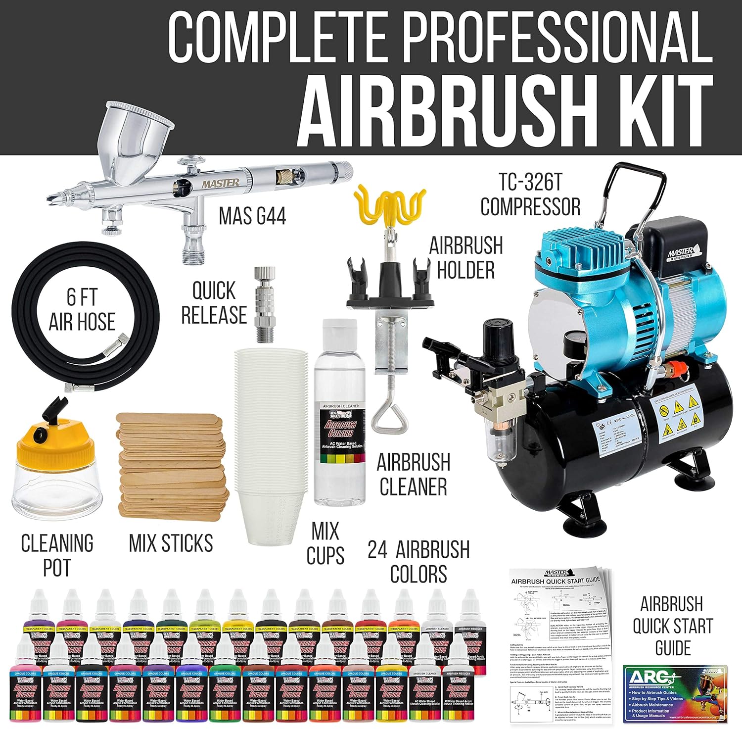 Master Airbrush Cool Runner II Dual Fan Air Storage Tank Compressor System Kit with a G44 Fine Detail Control 0.2mm Tip Airbrush, 24 Color Acrylic Paint Artist Set, Holders, Cleaning Pot, How-To Guide: Arts, Crafts & Sewing