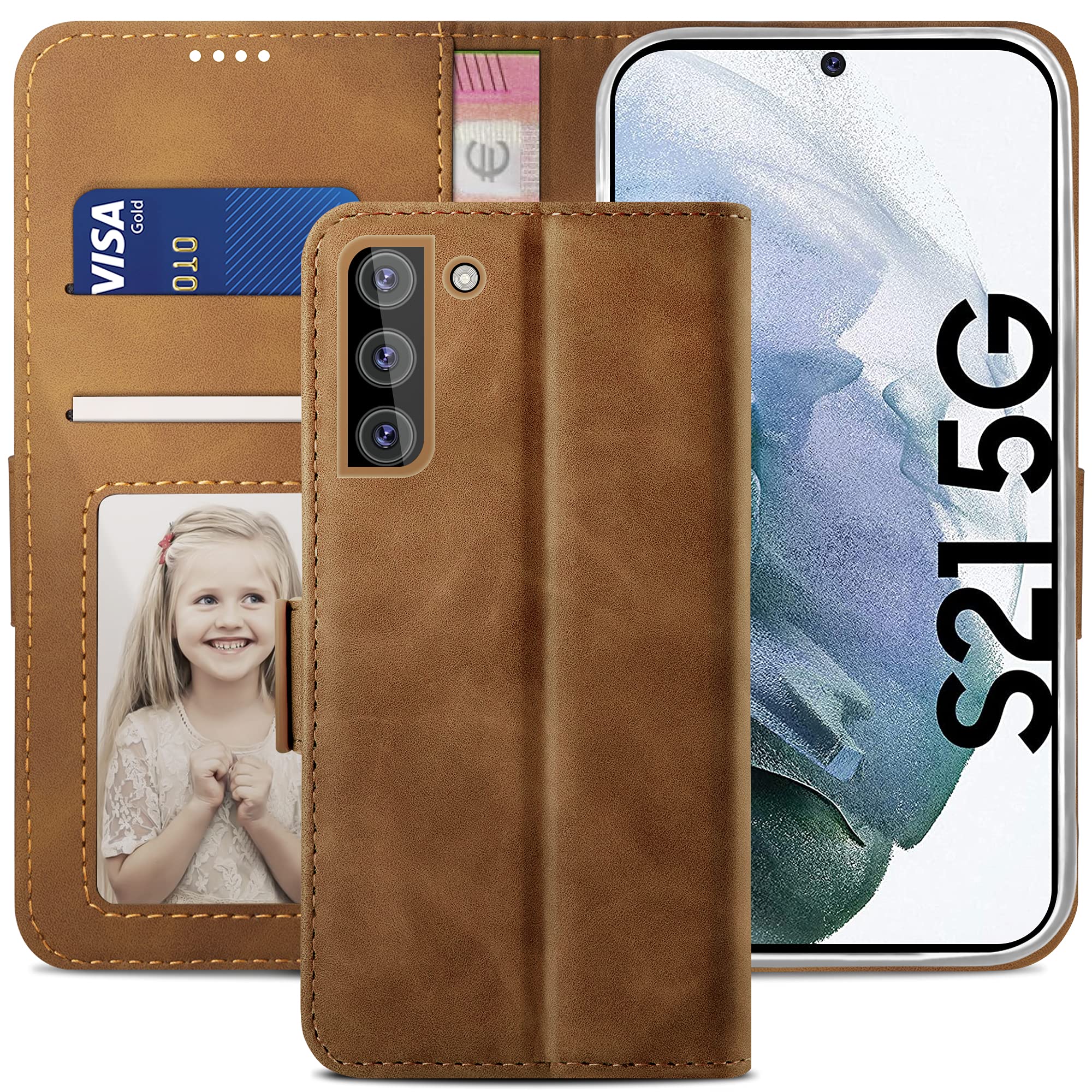 YATWIN Compatible with Samsung Galaxy S21 Case, Flip Wallet Leather Case with Card Slot and Shockproof Function Kickstand Phone Cases Cover for Samsung S21 - Brown