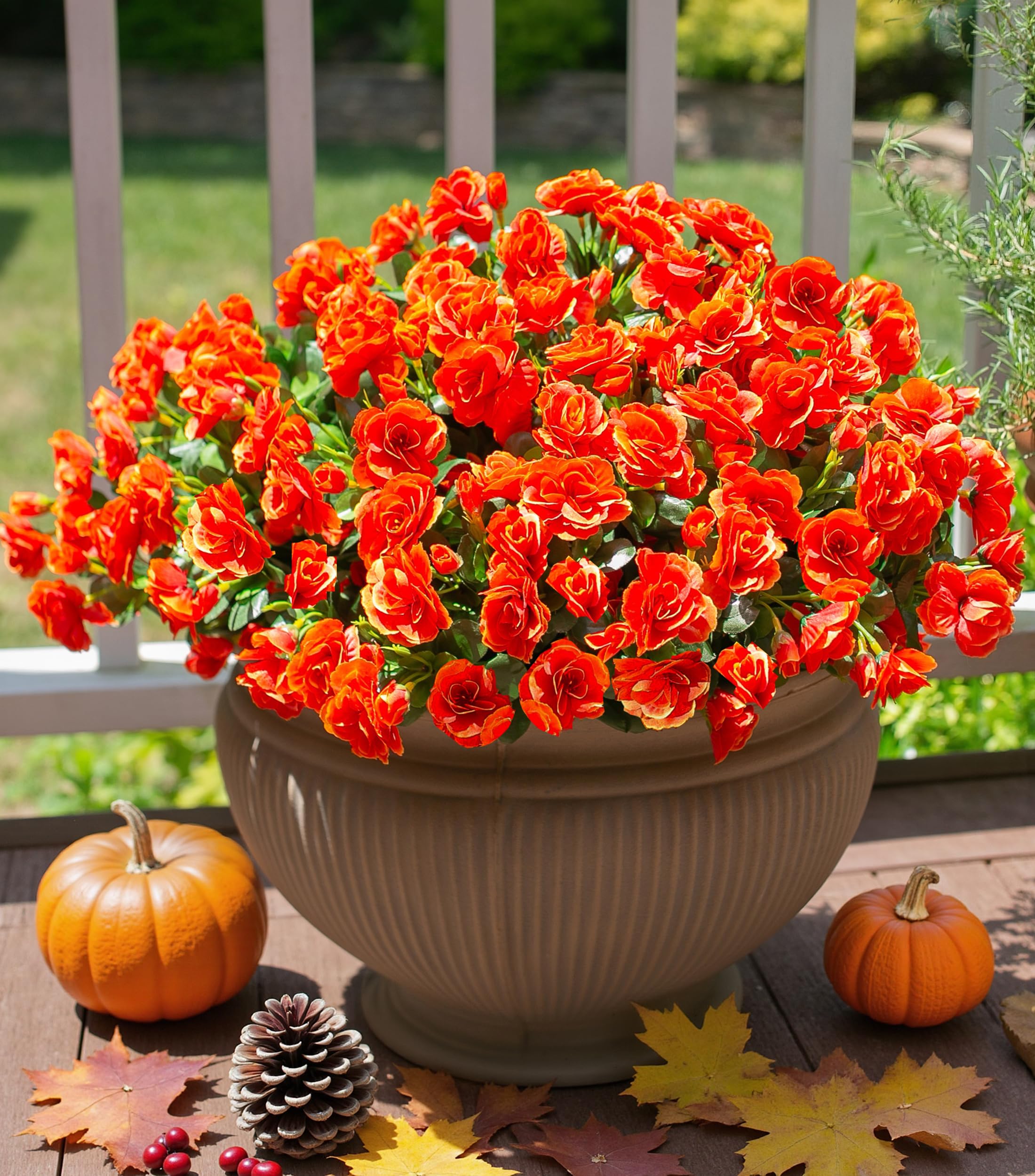 Photo 1 of Ivydale Artificial Faux Fall Flowers Plants for Outdoor Outside, Fake Silk Orange Camellia UV Resistant Look Real for Autumn Planter Porch Patio Balcony Garden Yard Decoration, 3 Large Bundles