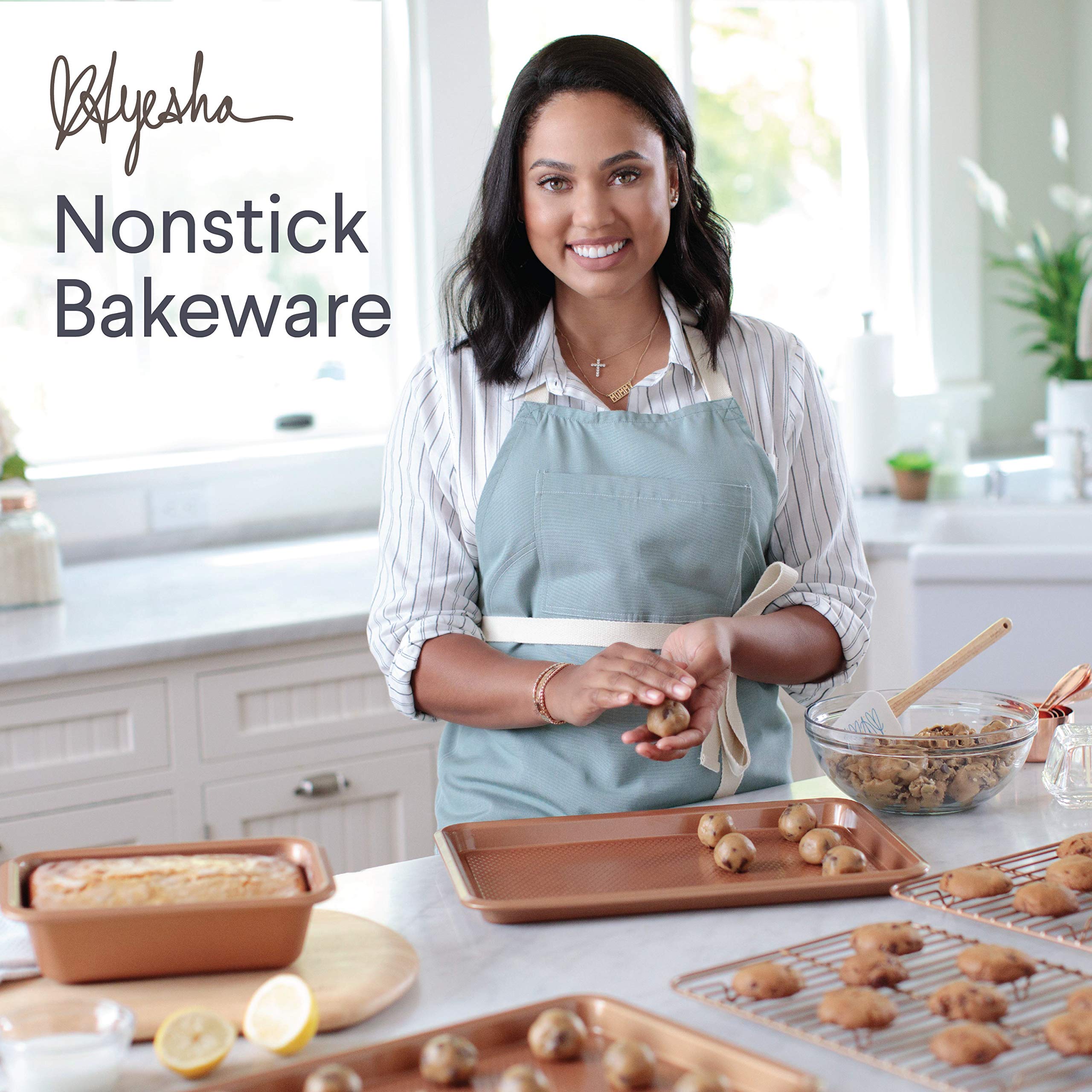 Ayesha Curry Nonstick Bakeware Set with Nonstick Cookie Sheet, Cake Pans, Baking Pan and Bread Pan - 6 Piece, Copper Brown