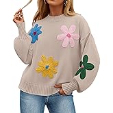 ZESICA Women's Long Puff Sleeve Sweaters Casual Crewneck Ribbed Knit Flower Color Block Loose Pullover Tops