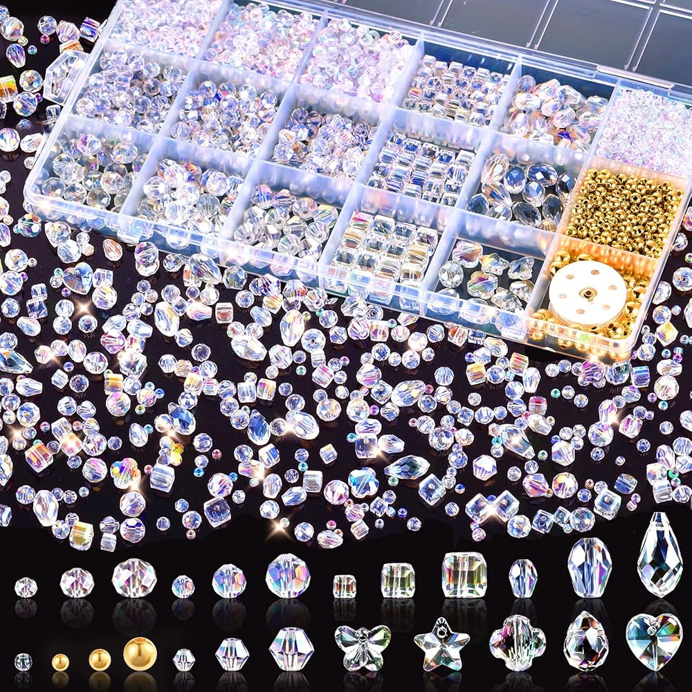 Zefy 2000+ Pcs Crystal Glass Beads for Jewelry Making, 24 Styles 3-15mm Assorted Faceted Craft Bead Kit for DIY Bracelet Neck