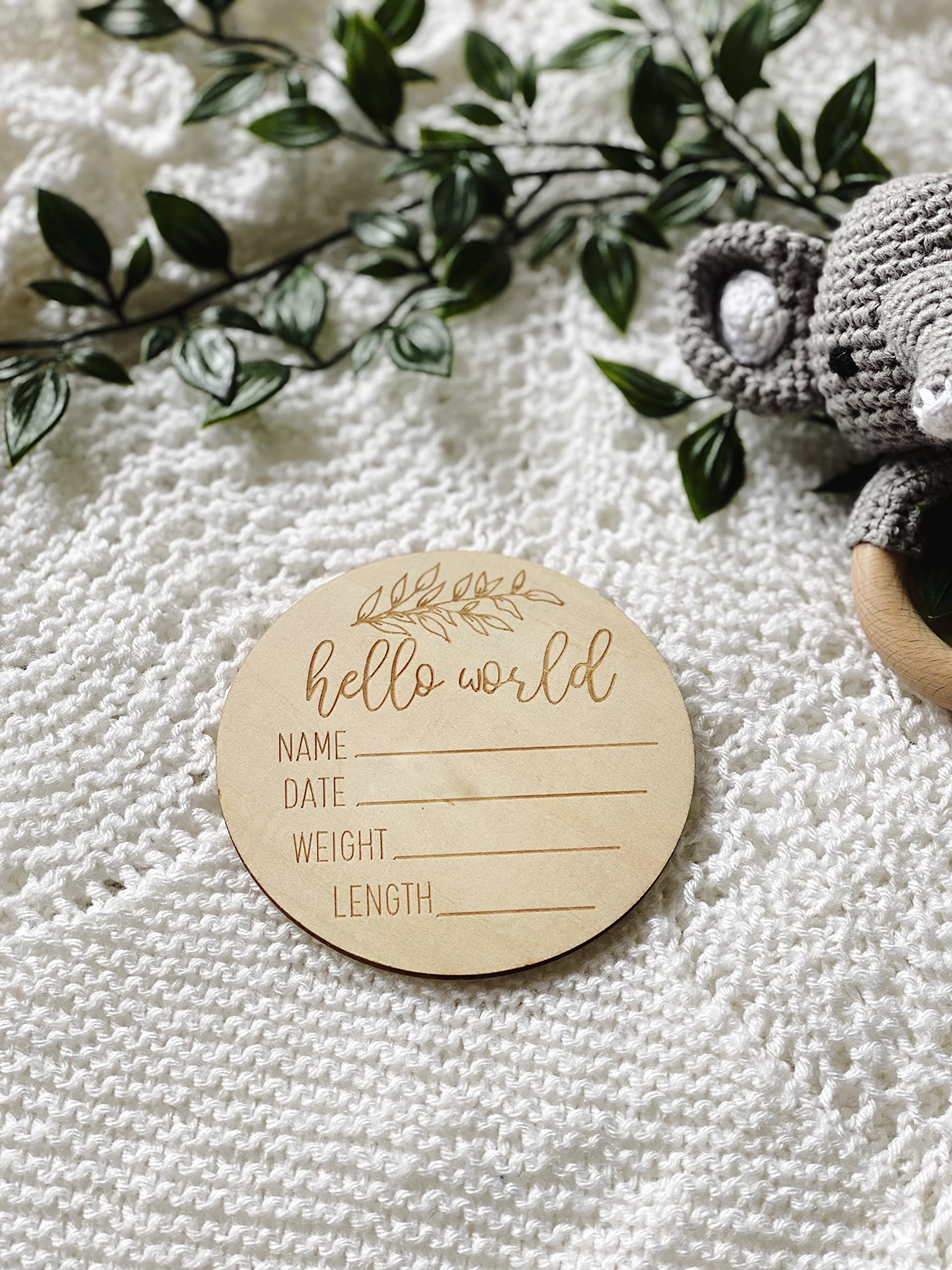 Baby J's - Hello World, Birth Announcement Wooden Disk, Leaf Design - Perfect Baby Shower or Newborn Gift - Can be Used as Flat Lays or Kept as a Keepsake - with Organza Gift Bag - 10cm — image 1