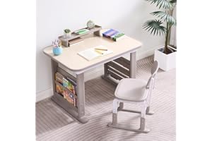 GITAWUSA Kids Desk and Chair Set, Height Adjustable Childrens Study Desk, Graffiti Table for 3-12 Years, Kids Art Table with Side Bookshelf and Storage, Multi-Functional for Bedroom & Study Room(Grey)