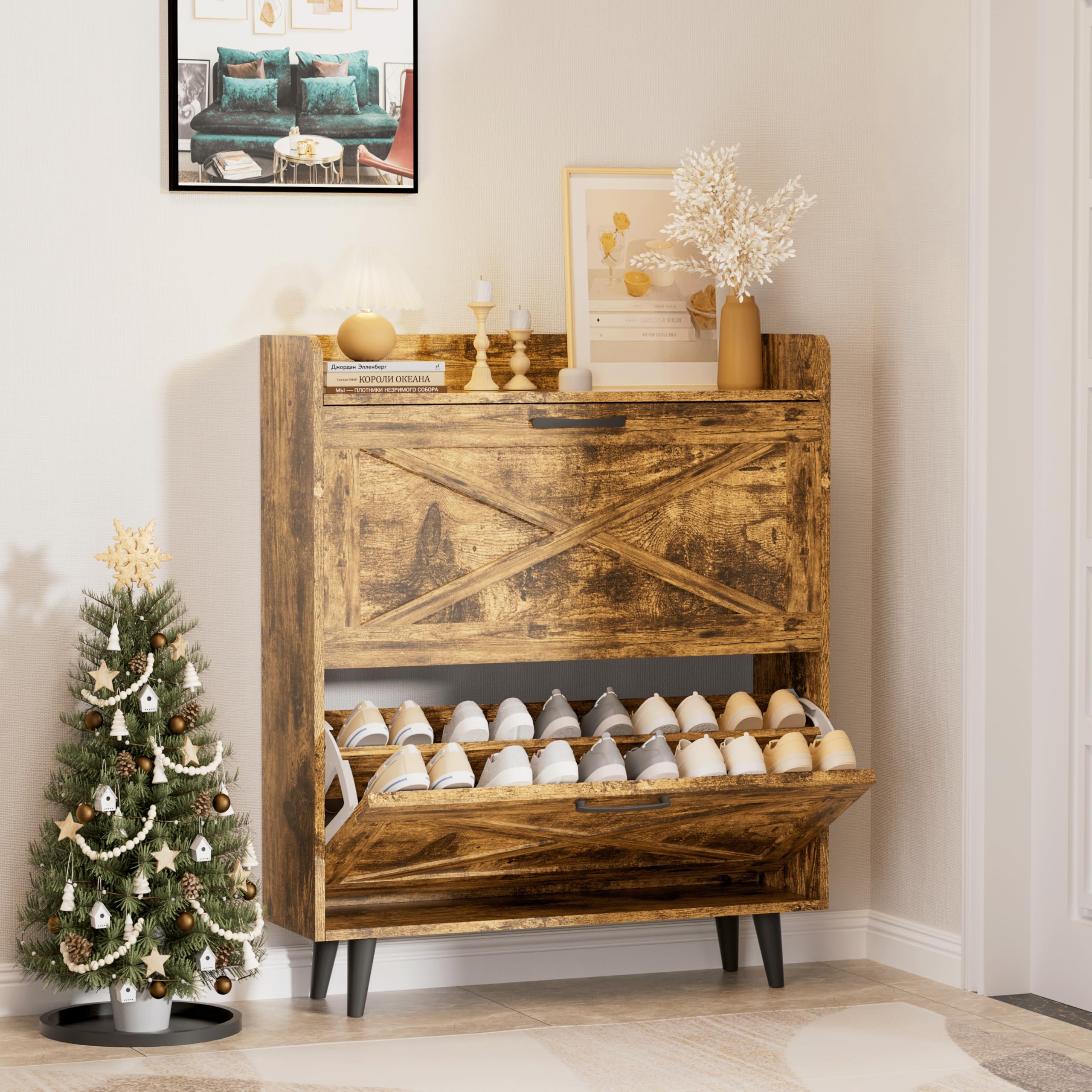 Proarea Shoe Cabinet with 2 Flip Drawers, Freestanding Shoe Cabinet ...