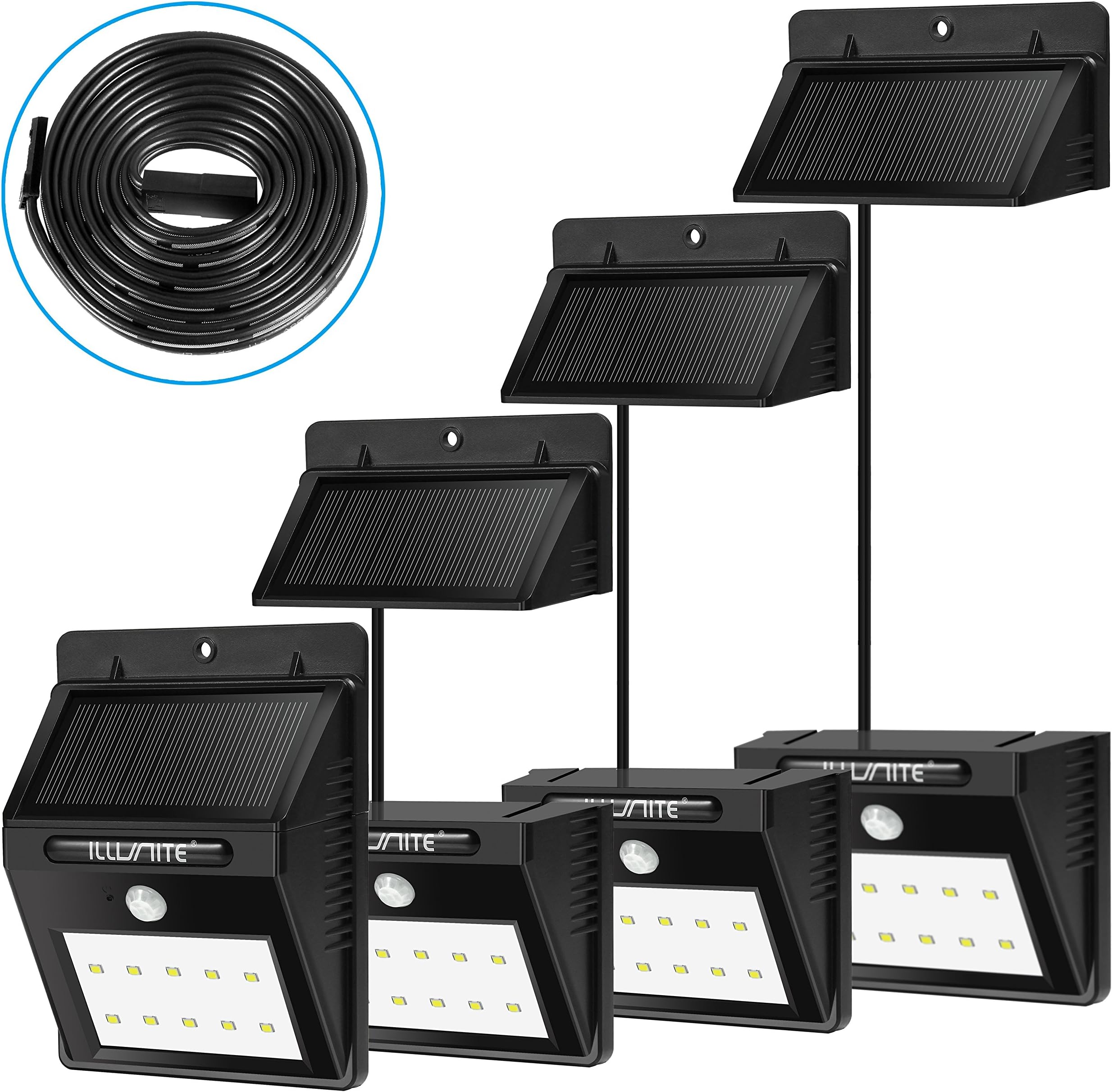 ILLUNITE Solar Light Bright 10 LED Waterproof Motion Sensor Security Outdoor, Yard, light for Driveway Garden Path, 4 PACK with Extra Long Extension Cords