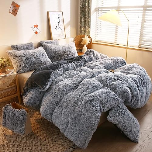 XeGe Plush Shaggy Duvet Cover Luxury Ultra Soft Crystal Velvet Bedding 1PC(1 Faux Fur Duvet Cover),Zipper Closure (Twin, Gray Ombre)