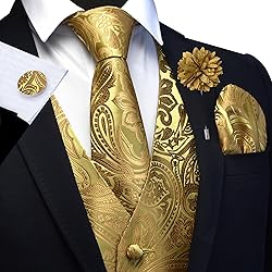 GUSLESON Mens Gold Paisley Suit Vest Tie and Bow