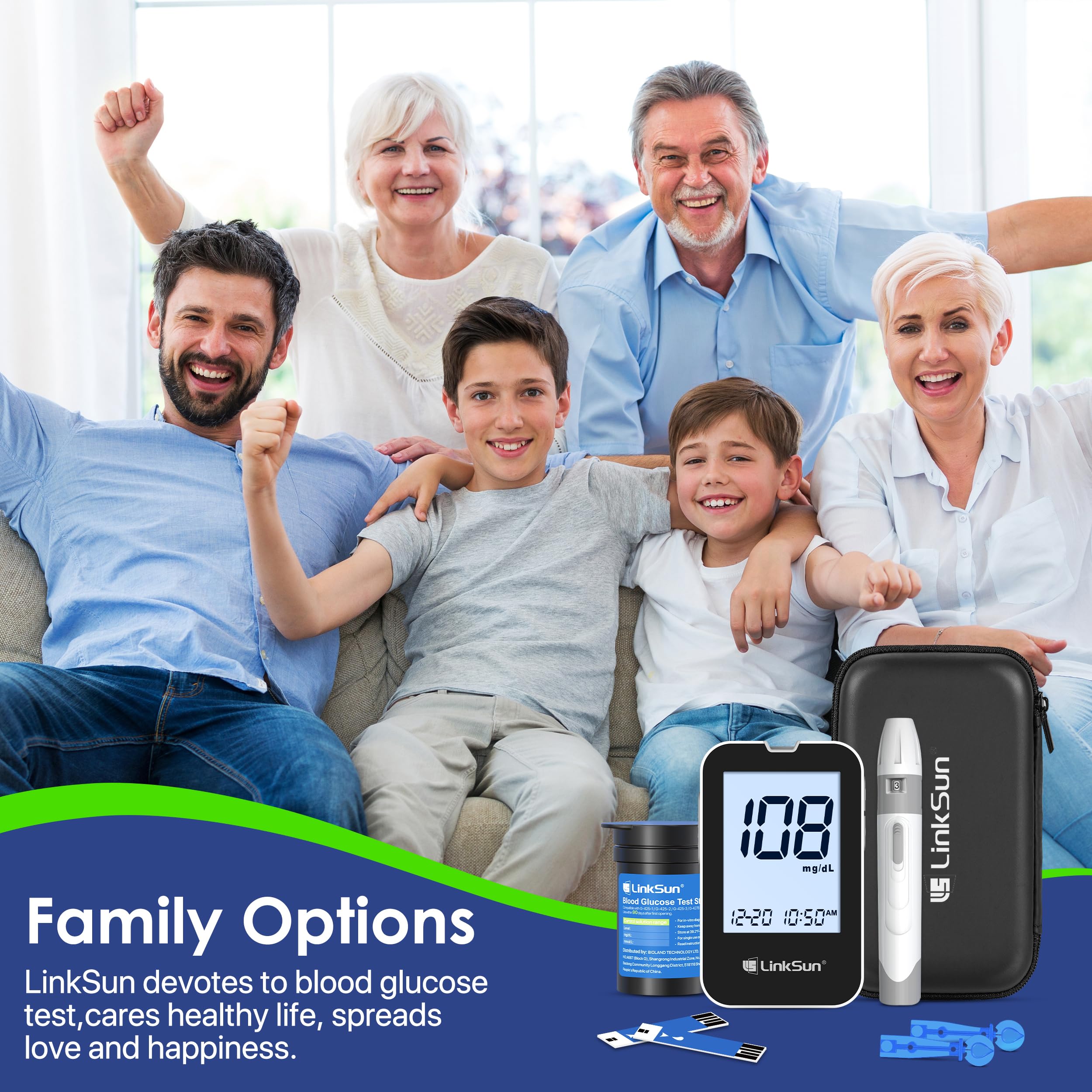 LinkSun G-425-2V Blood Glucose Monitor Kit, 100 Test Strips, 100 Lancets, High Accuracy Blood Sugar Monitor, Lancing Device, Control Solution & Travel Diabetic Organizer Bag, Large Display, No Coding