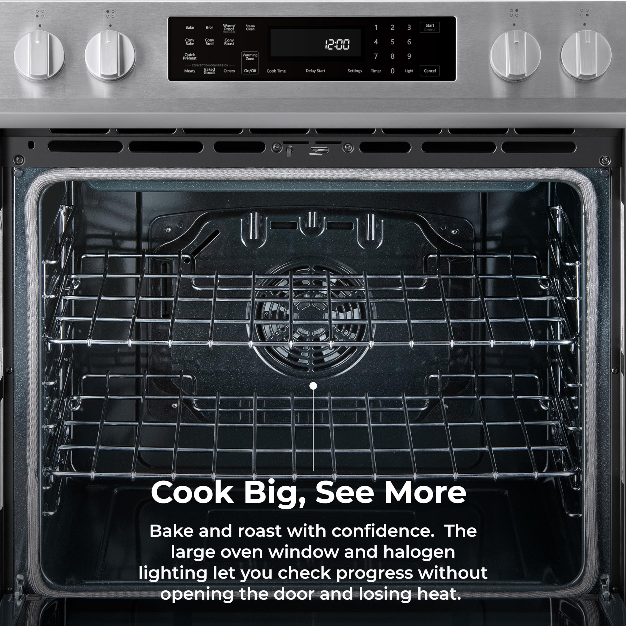 Kenmore 2296833 5.6 cu. ft. Front Control Electric Range Oven - True Convection with 5 Elements, Steam Clean Oven, Broil Function, Chrome Racks, Precision Set Controls, Large Window - Stainless Steel