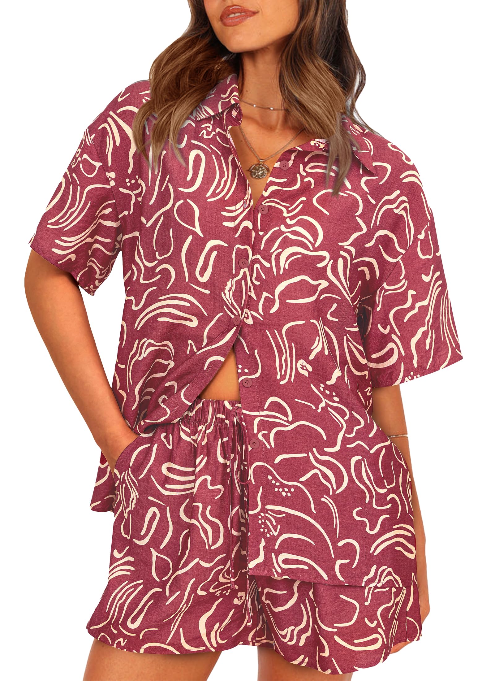 Photo 1 of (only shirt) PRETTYGARDEN Women Summer 2 Piece Beach Outfits Printed Short Sleeve Tops Lounge Shorts Casual Tracksuit Set (Brown Red,Large)