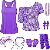 Yuriko Women 80s Outfit Party Costumes Fishnet Neon Off Shoulder T-Shirt Two Pieces With 80s Fancy Dress Costume Accessories