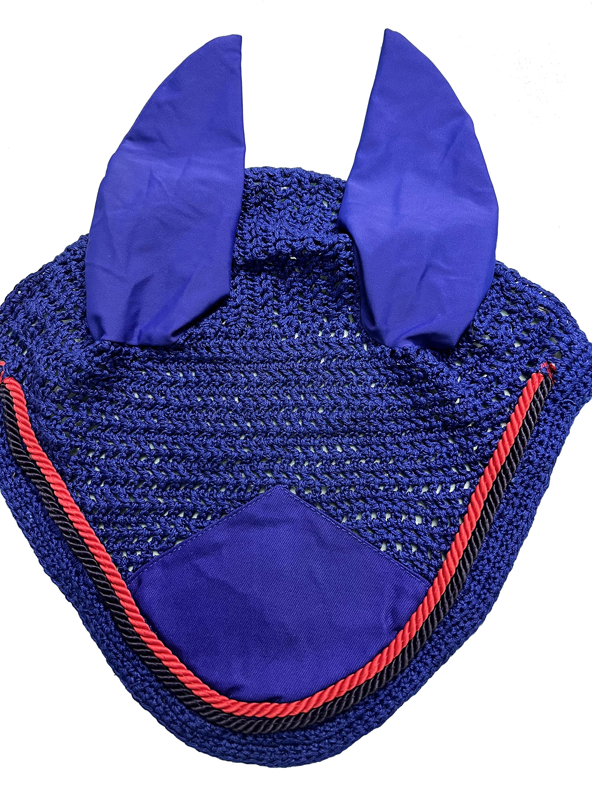 Spire Horse Soft Crochet Fly Veil Breathable Cotton Ear Net Hood Horse fly Control Masks Protector Bonnets (Full, Royal Blue/Black-Red)