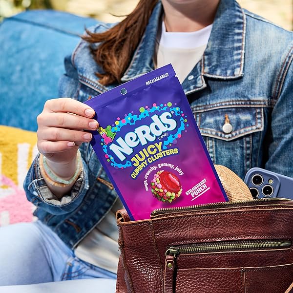 NERDS JUICY GUMMY CLUSTERS, STRAWBERRY PUNCH, JUICY AND GUMMY CANDY, 1 STAND UP BAG, FOR SNACKING AND SHARING, 7.15 OZ
