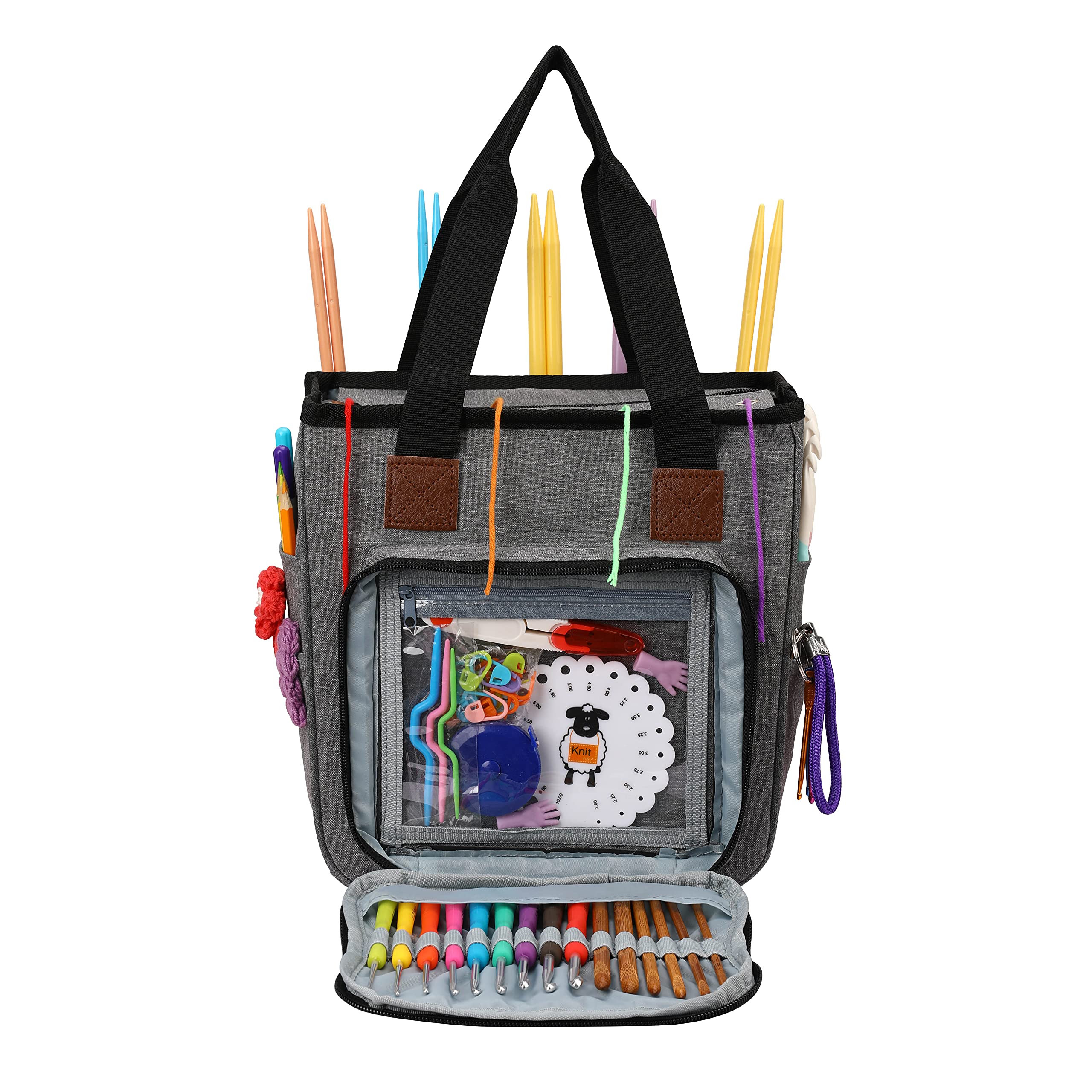 KOKNIT Knitting Tote Bag,Yarn Storage Bag for Carrying Project Yarn Storage Organizer with Pockets for Crochet Hooks,Knitting Needles and Accessories,Blue-No Accessories Included (Grey)