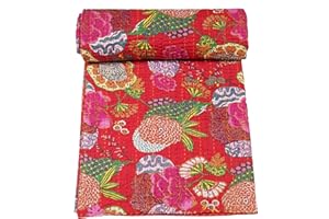 Marubhumi Indian Handmade Stitched Pure Cotton Fruit Print Kantha Quilt, Reversible Kantha Quilt (Red, King (108"x 108"))