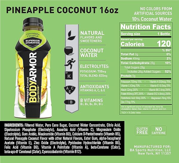 BODYARMOR SPORTS DRINK SPORTS BEVERAGE, PINEAPPLE COCONUT, NATURAL FLAVORS WITH VITAMINS, POTASSIUM-PACKED ELECTROLYTES, NO PRESERVATIVES, PERFECT FOR ATHLETES, 16 FL OZ