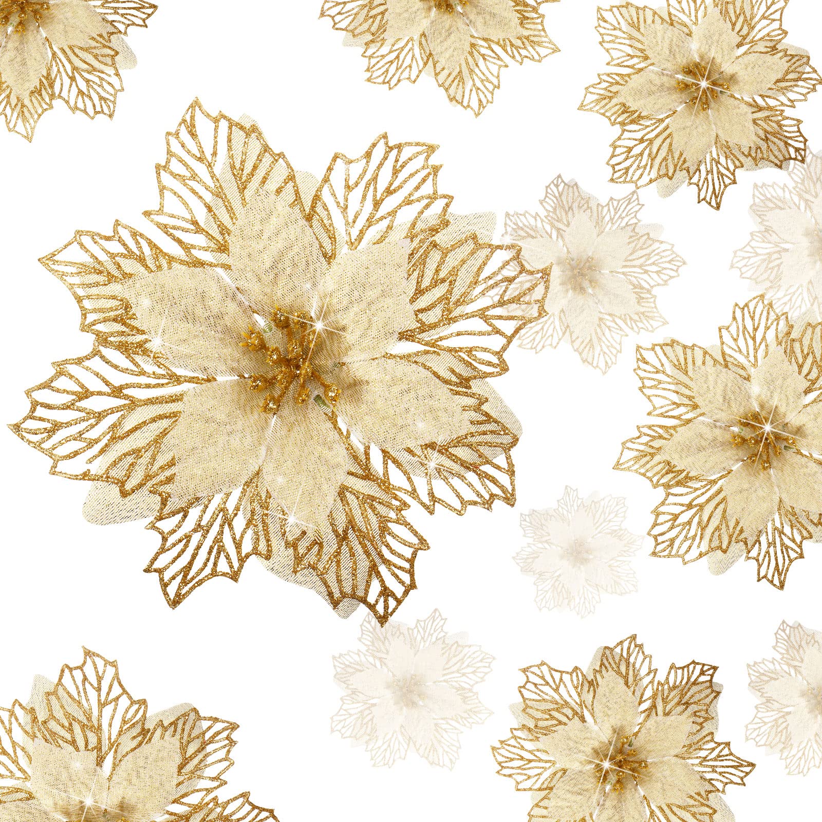 Geosar 36 Pcs 3 Size Christmas Poinsettia Flowers 3'' 4'' 6'' Tree Decorations Glitter Faux Flowers Xmas Artificial Poinsettia Ornaments New Year for Party Favor(Gold)