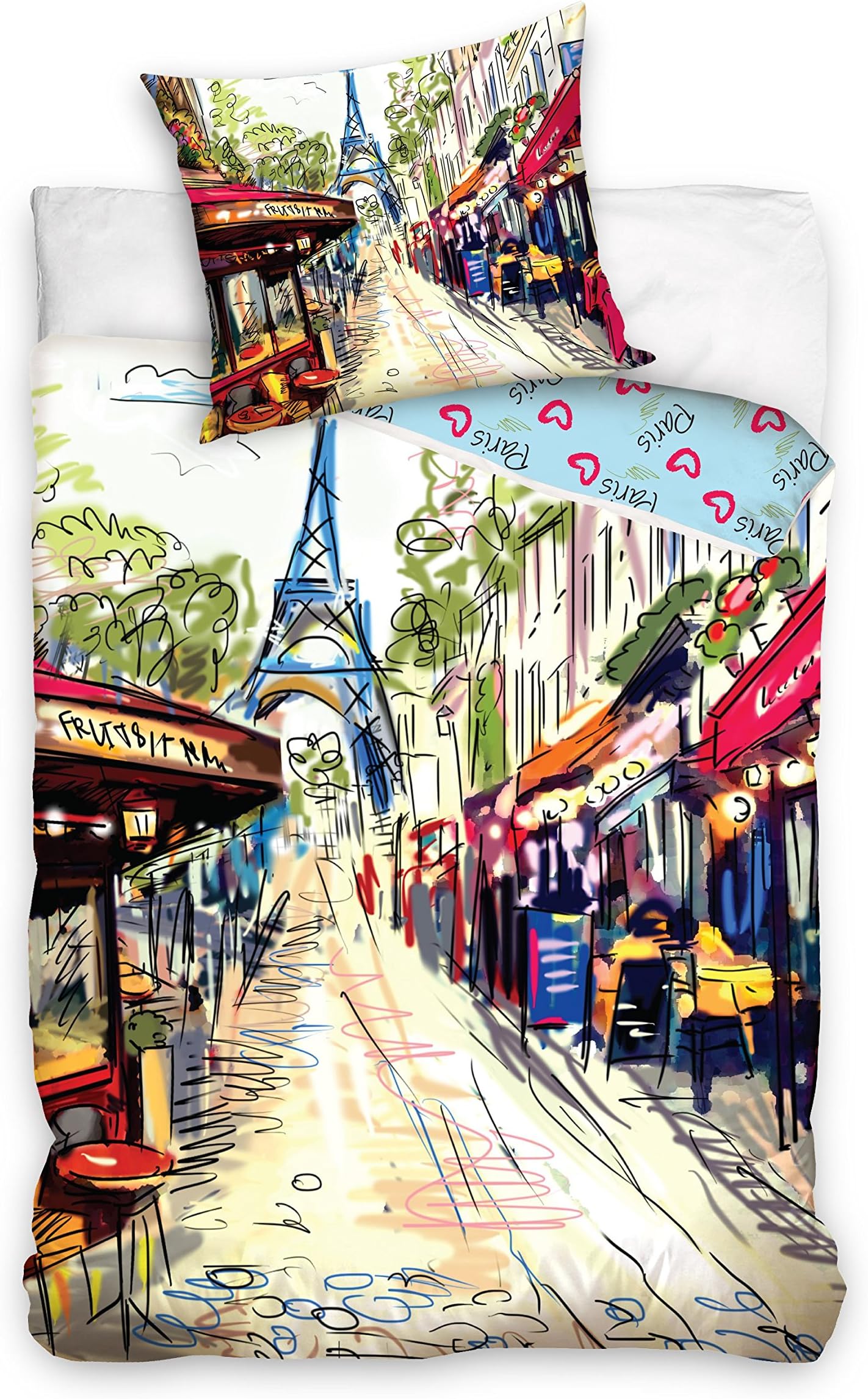 Paris Eiffel Tower Bed Linen Duvet Cover 160 x 200 cm + 70 x 80 cm Pillowcase, Decorative Idea, 100% Cotton Novelty Collection Paris City