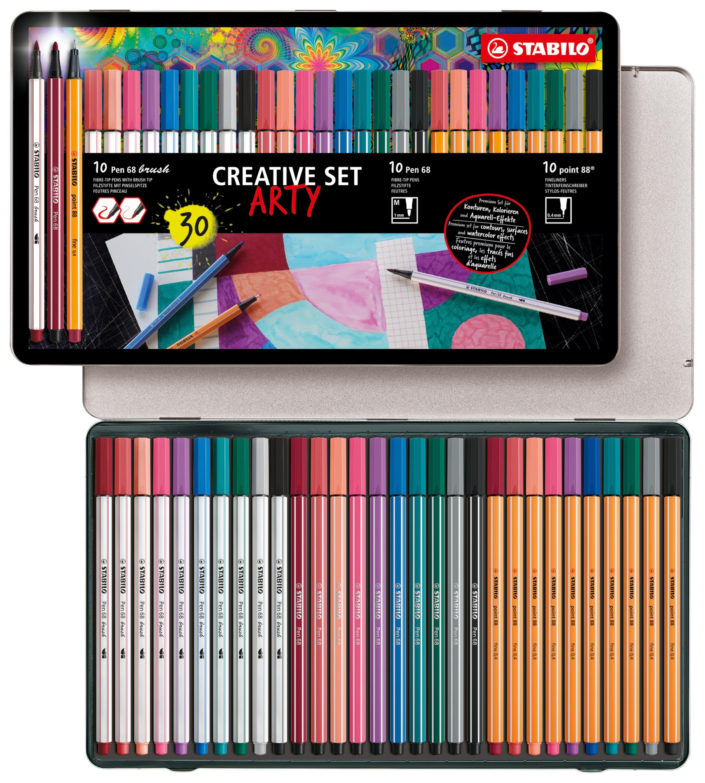 STABILO Creative Set - Pen 68 brush, Pen 68 and point 88 - ARTY - Tin of 30 - Assorted Colours