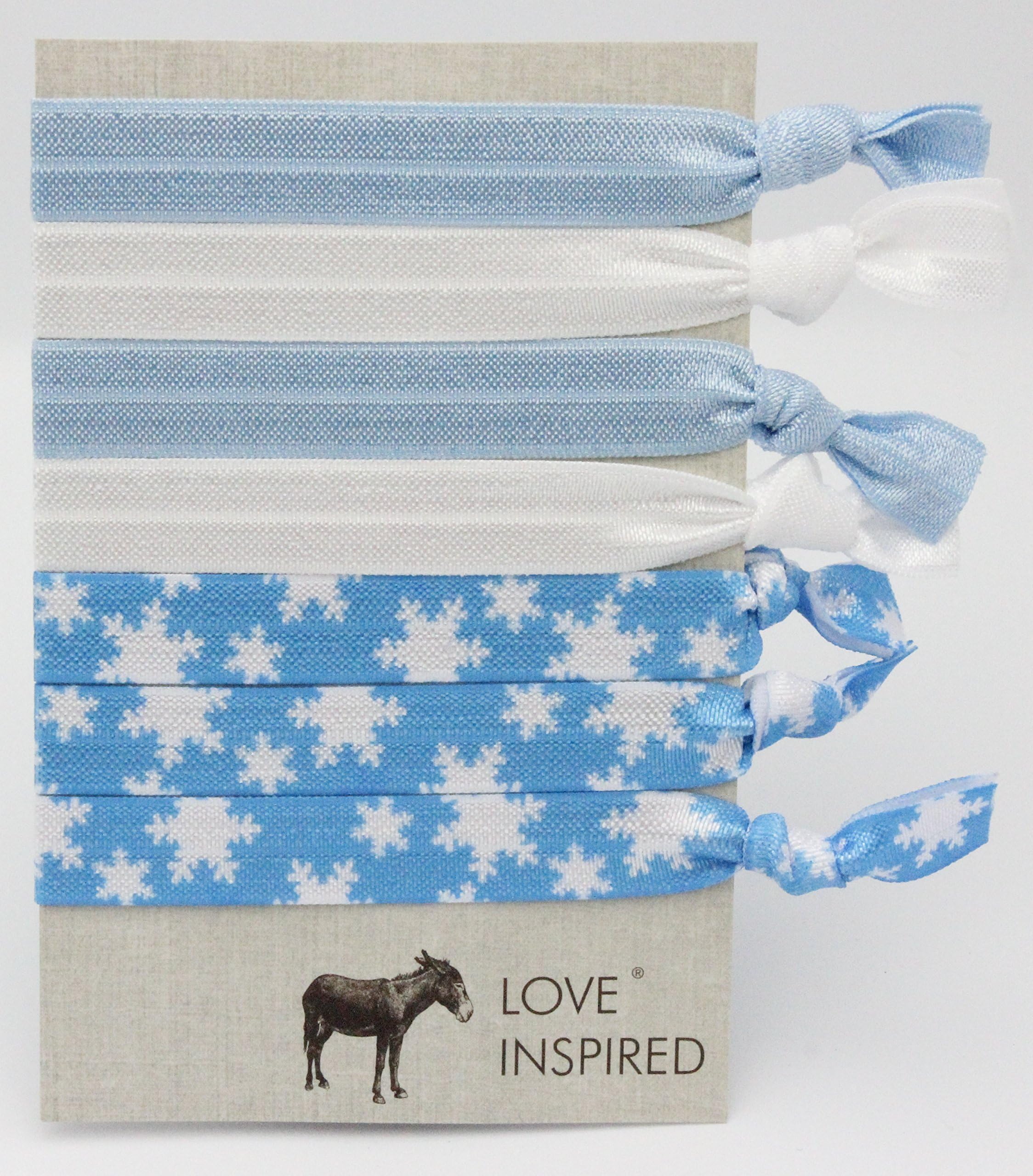 Elastic Knotted Ponytail Holders Hair Ties Ribbon Twist Bands Accessories White Frozen Snow Flakes Pattern with Solids By Love Inspired Me