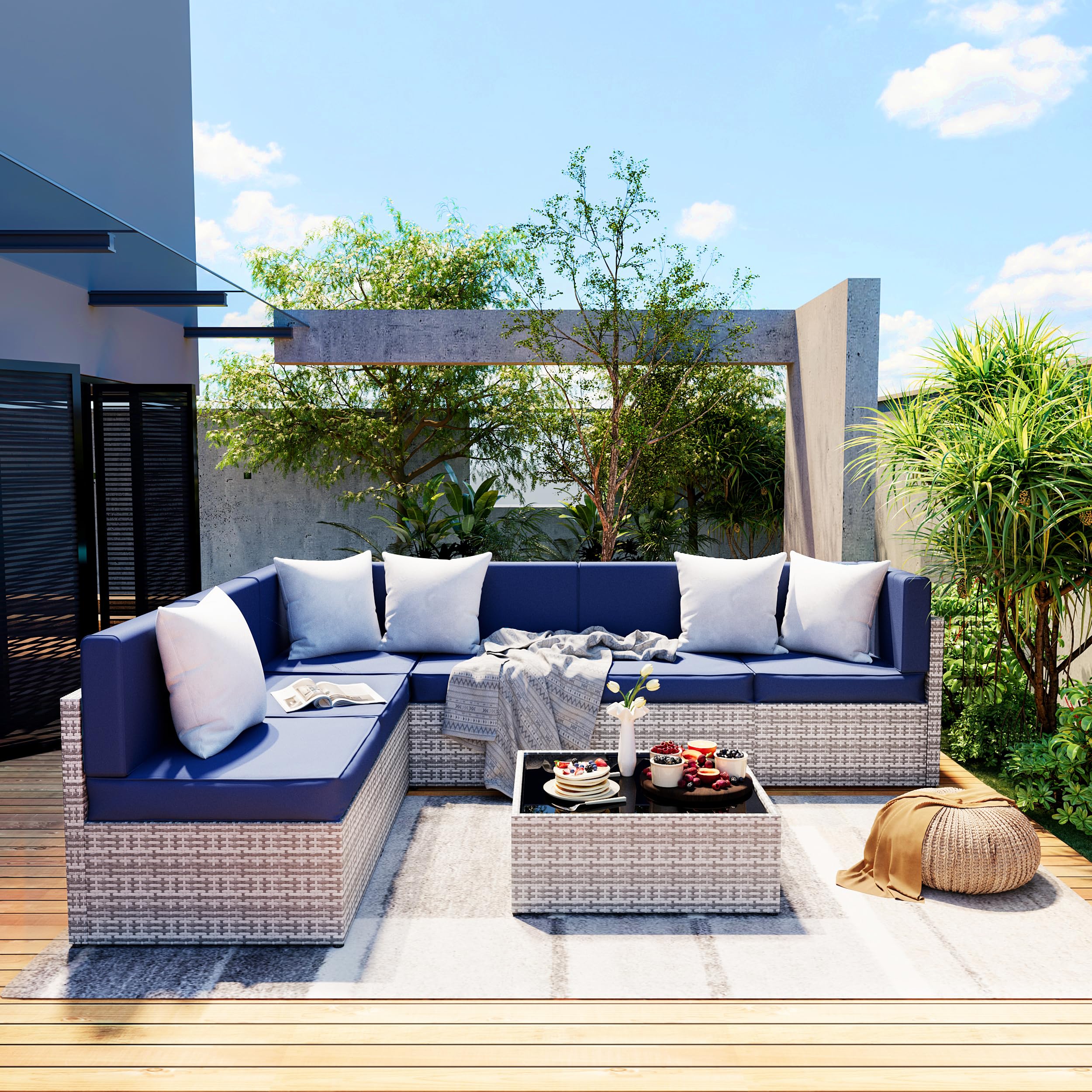 Photo 1 of *** FOR PARTS ONLY***ONLY ONE CHAIR***FINAL SALE!! PARTIAL SALE//NO REFUNDS** Pamapic 7 Piece Outdoor Sectional Sofa Set, All-Weather Patio Furniture with Washable Cushions, Waterproof Gray Rattan Wicker Conversation Set for Backyard, Poolside, Garden (Na