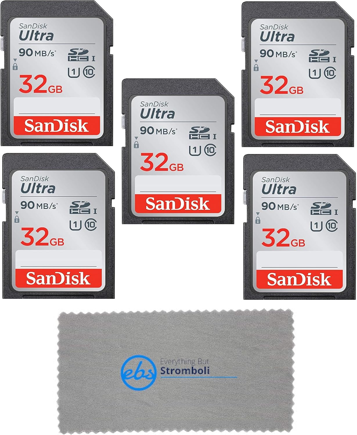 SanDisk 32 GB Class 10 SD HC Ultra Flash Memory Card - 5 Pack (SDSDUNR-032G-GN6IN) Bundle with Everything But Stromboli Microfiber Cleaning Cloth