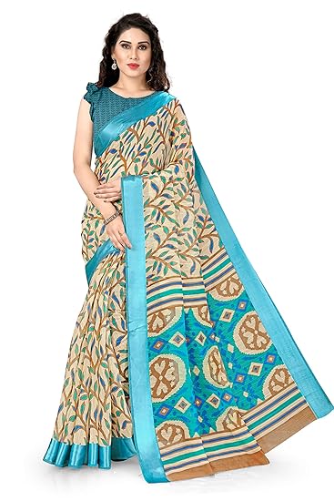 Womens Poly Cotton Floral Saree With Un-stitched Blouse Piece (19037-Cream, Coral-6.3 meters)