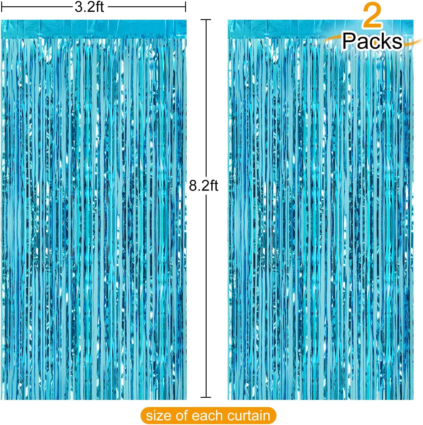 CHRORINE 2pcs 1m x 2.5m Light Blue Metallic Tinsel Foil Fringe Curtains Party Streamers Backdrop for Frozen Mermaid Birthday Baby Shower Bachelorette Bridal Shower Blue Party Decorations - Image 3