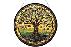 365CUSGIFTS Tree of Life Suncatcher Stained Glass Window Hanging Handmade Stained Glass Suncatchers Metal Chain Outdoor Garden Decor Gift for Women Christmas Thanksgiving (12”x12”)