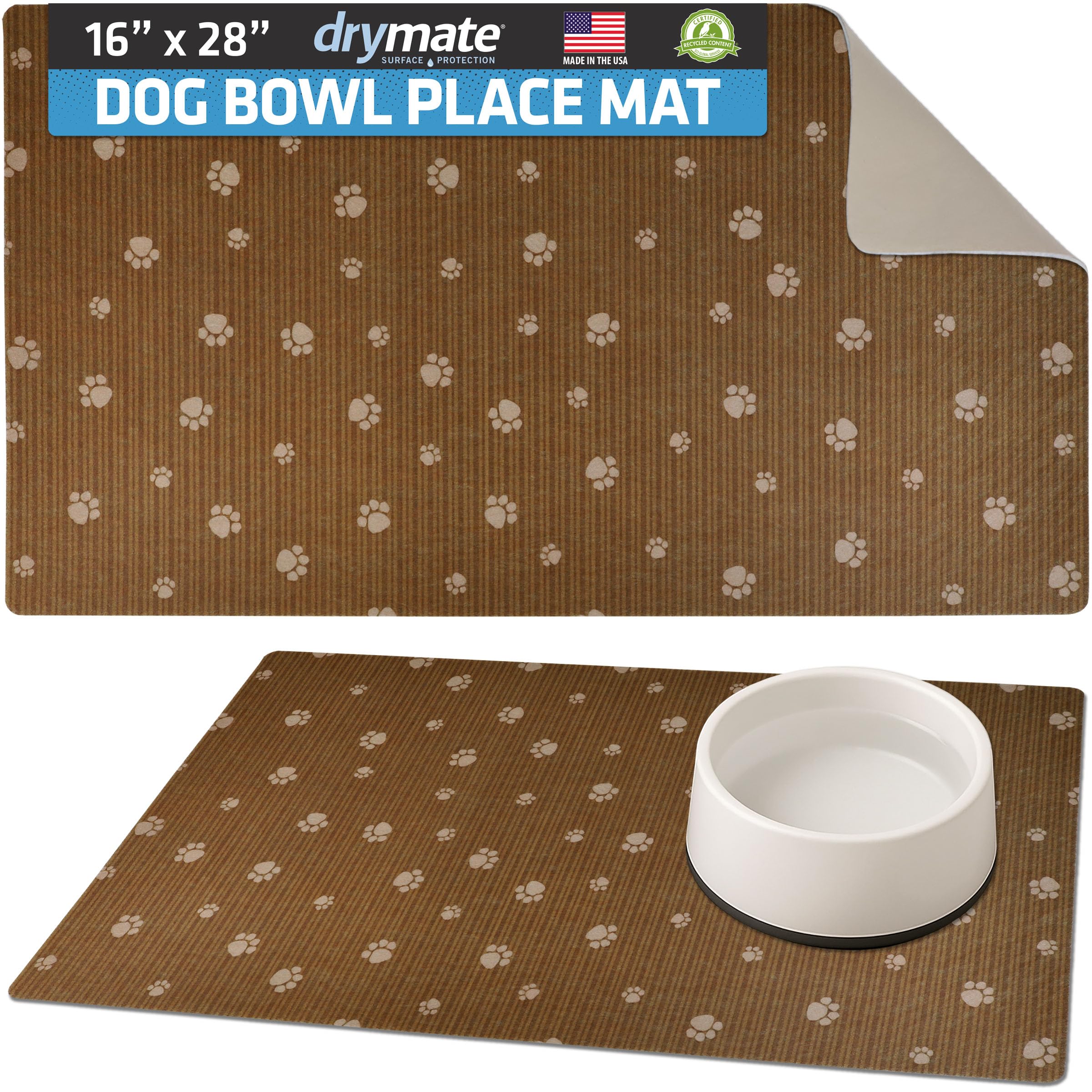 Drymate 16 by 28-Inch Dog Bowl with Large Place Mat in Paw Stripe Design, Brown/Tan