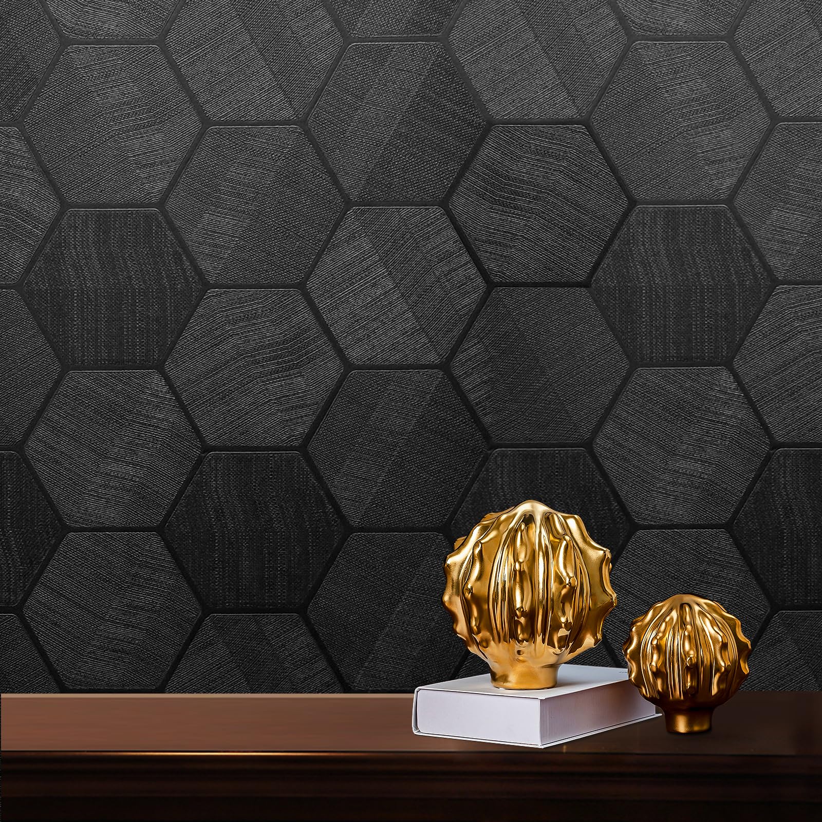 Photo 1 of Self Adhesive Black Peel and Stick Wallpaper 15.7" X 118" 3D Hexagon Geometric Embossed Contact Paper Removable Easy Peel Off Wallpaper Textured Wall Paper for Cabinet Bedroom