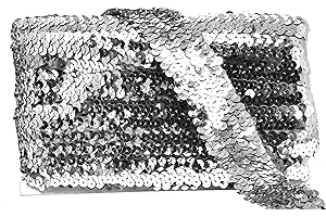 Mandala Crafts Elastic Sequin Ribbon Trim - 1.5 Inch Silver Sequin Elastic Trim for Sewing Dress Headband - 10 Yards Fabric Metallic Stretch Sequins Band