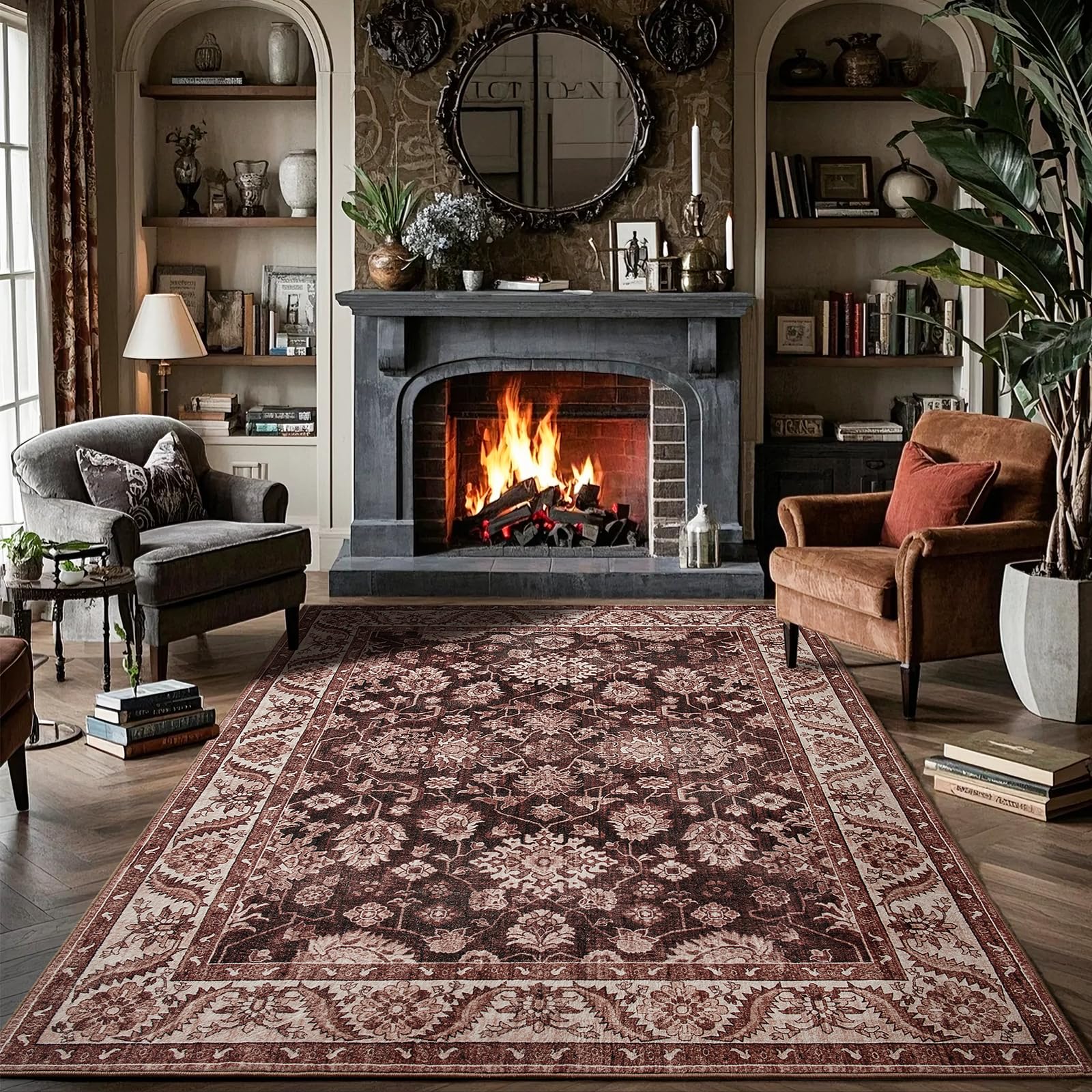 Photo 1 of Rtizon Area Rugs for Living Room, 6x9 Washable Area Rug for Bedroom, Retro Floral Non-Slip Carpet for Nursery Home Office Dining Room Kitchen, Brownish Red