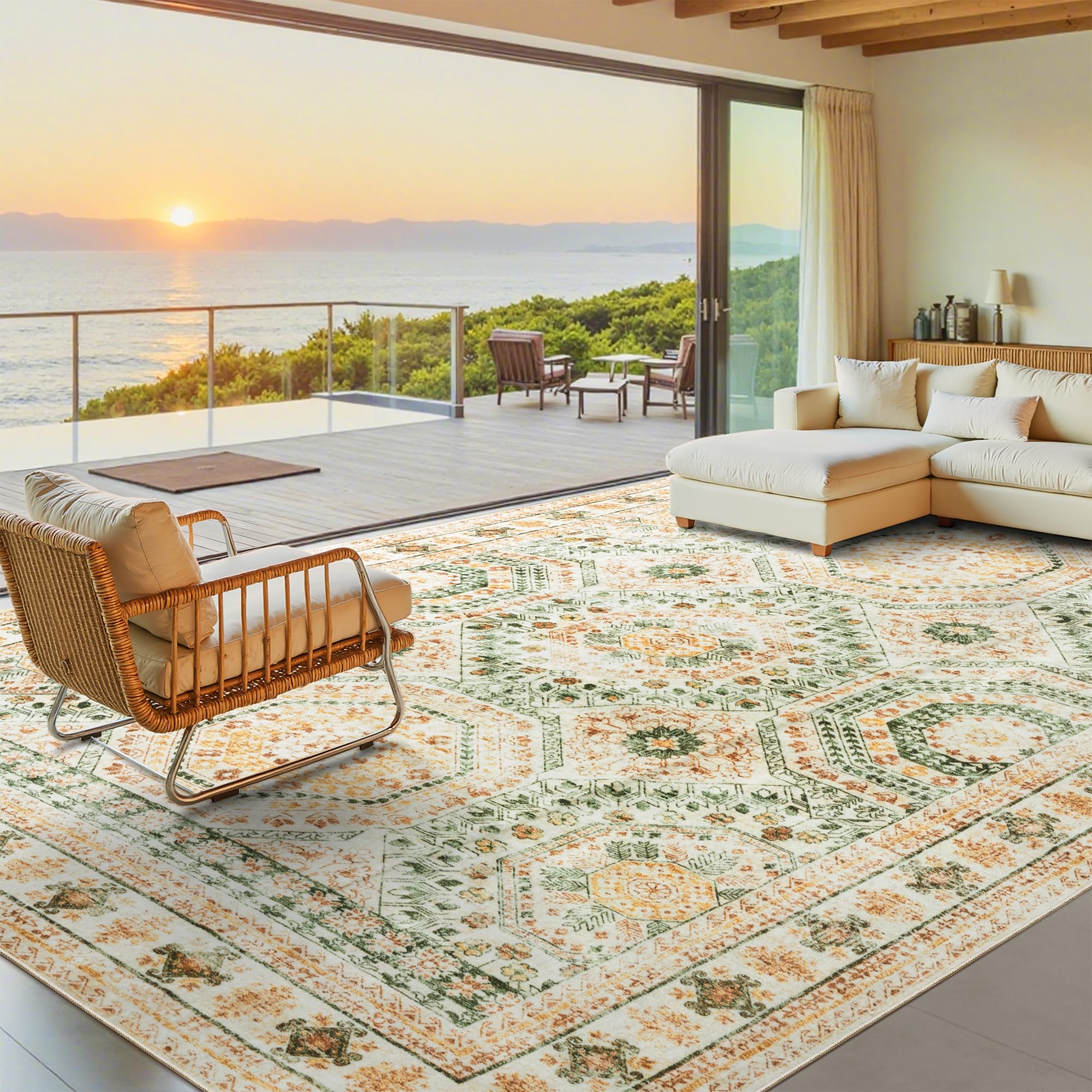 Photo 1 of Washable Area Rug 8x10, Large Soft Rugs for Living Room Green Yellow Carpet 8x10 Area Rugs for Bedroom Dining Room Non-Slip Stain Resistant Rug