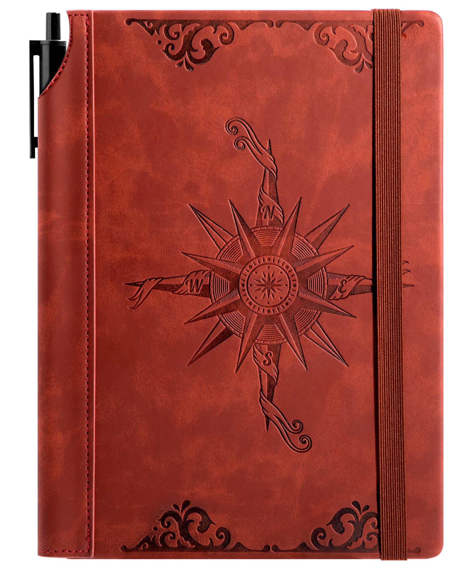 CAGIE Compass Leather Notebook Journal for Men, 100 GSM 288 Pages Lined Journals for Writing, A5 Hardcover Journaling Notebooks Gifts Set with Pen for Travel Office Daily Writing, Wine Red
