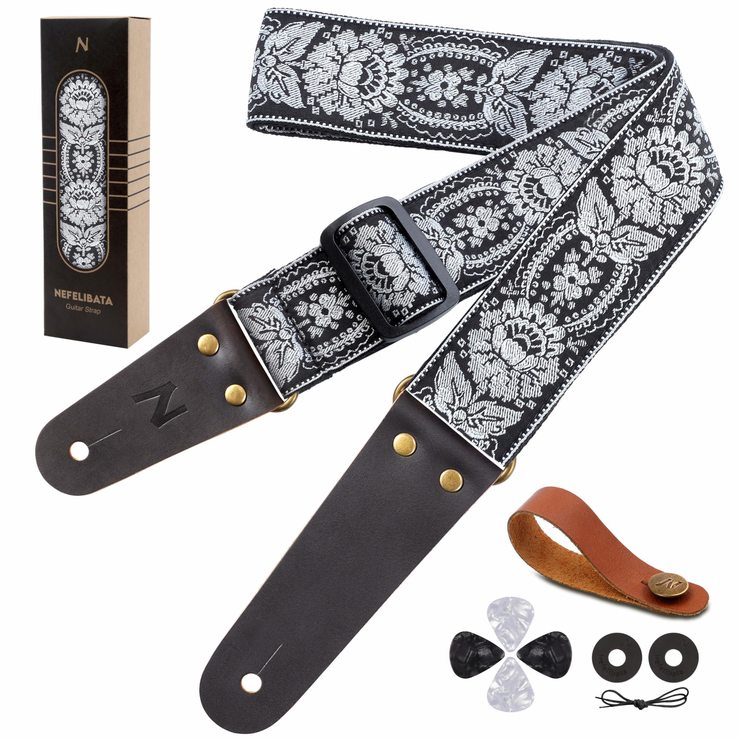 Nefelibata Guitar Strap, Cotton Guitar Straps with Head Cowhide Leather Ends for Bass, Electric, Acoustic Guitar, with Free Strap Button, 2 Strap Locks and 4 Guitar Picks
