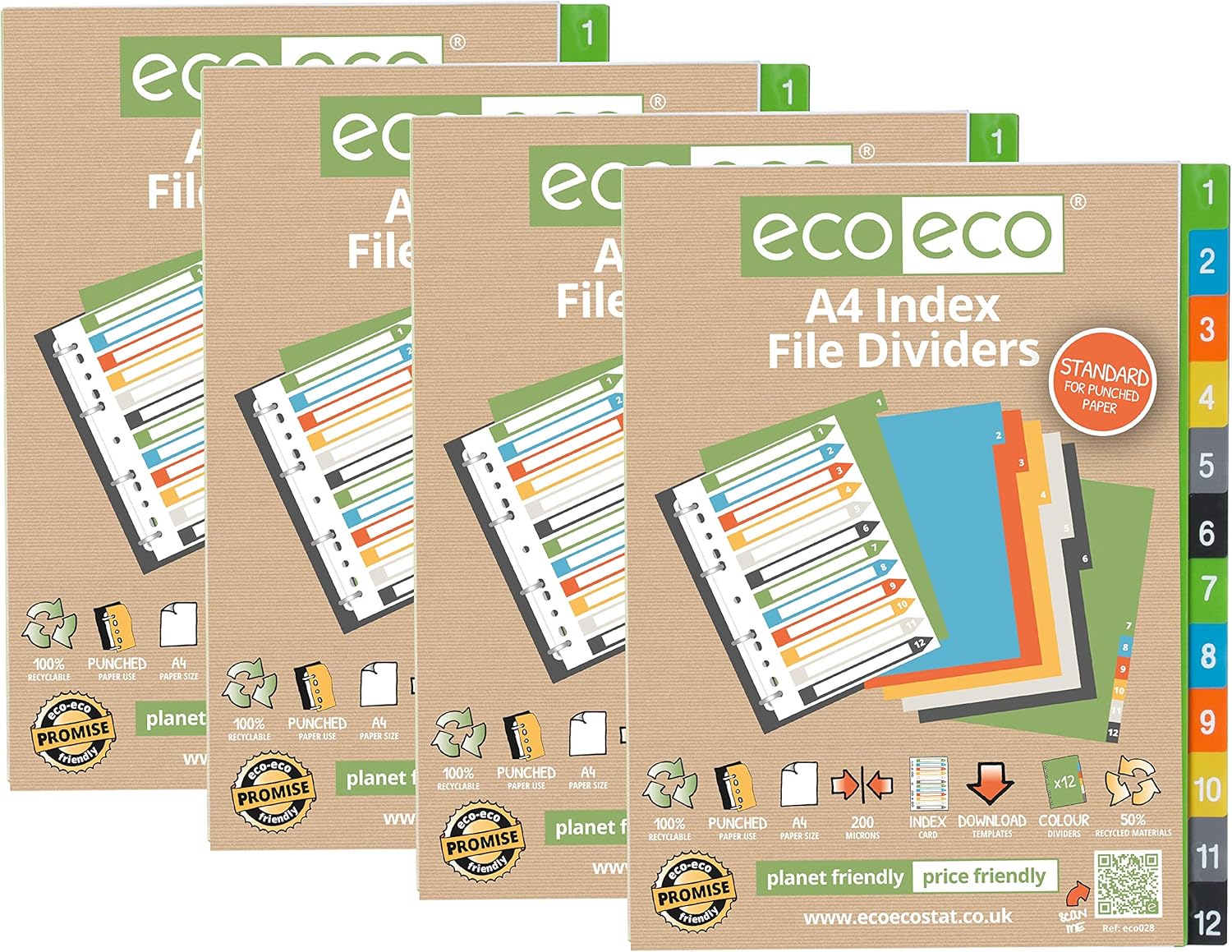 eco-eco A4 50% Recycled Multipunched Reinforced Colour Recycled Set 12 Index File Dividers 200mic (Pack of 4), eco028x4